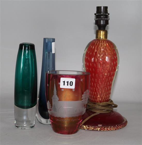 A Murano table lamp (a/f), two pieces of studio glass and a bohemian vase